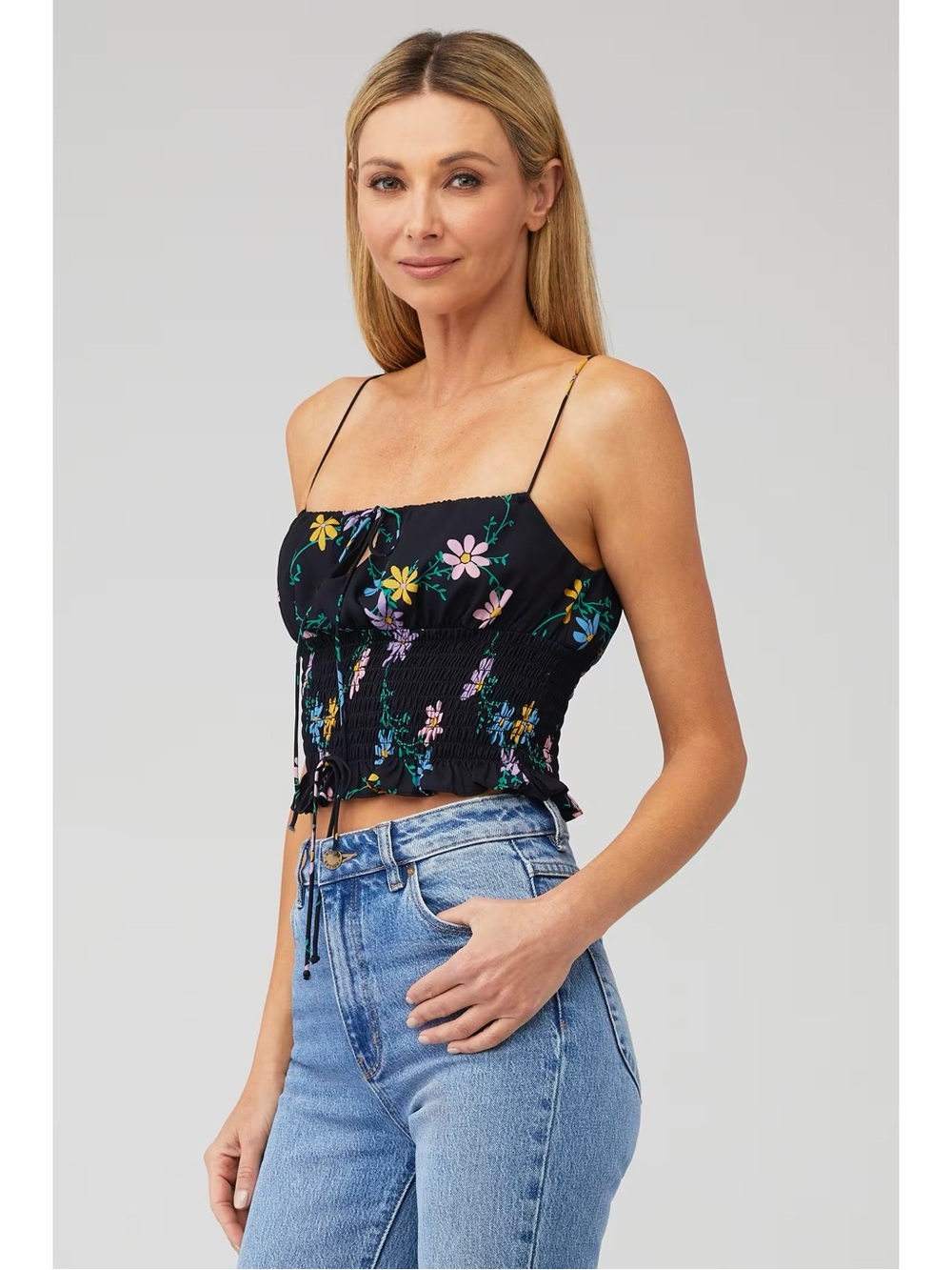 NEW For Love & Lemons Lori Black Floral Smocked Crop Top Size Small (S)